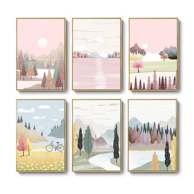 色塊 虛擬森林 小清新少女日系風景插畫粉色 6款2