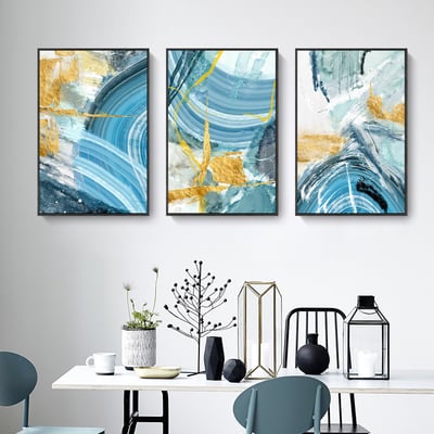 油畫風 隨性藍色系色彩抽象 三聯 ３款3
