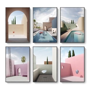 現代簡約 幾何建築創意風景 莫蘭迪色掛畫 10款11
