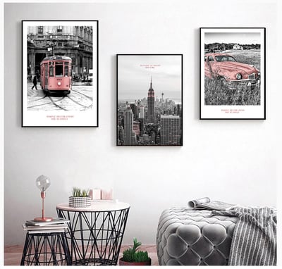 北歐簡約黑白風景建築汽車 粉紅 三款1