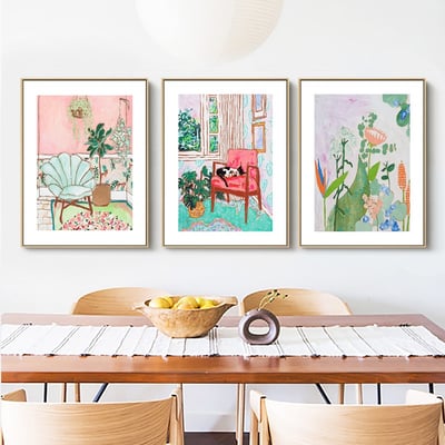 油畫風格 貓咪 陽台 北歐小清新綠色植物 三款4