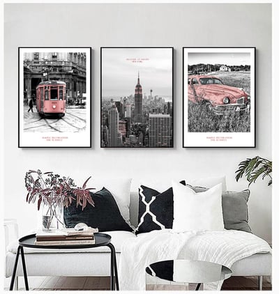 北歐簡約黑白風景建築汽車 粉紅 三款2