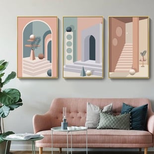 現代簡約 幾何建築創意風景 莫蘭迪色掛畫 10款4