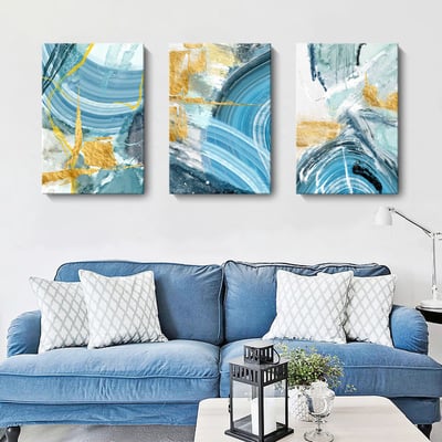 油畫風 隨性藍色系色彩抽象 三聯 ３款2