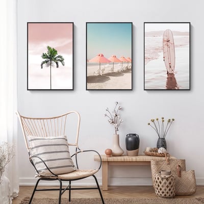 現代簡約 海洋 沙灘 粉紅色北歐粉色椰樹大海風景 6款5