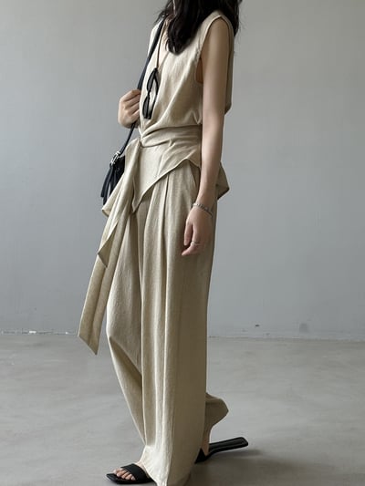 V領亞麻綁帶收腰無袖長褲套裝2