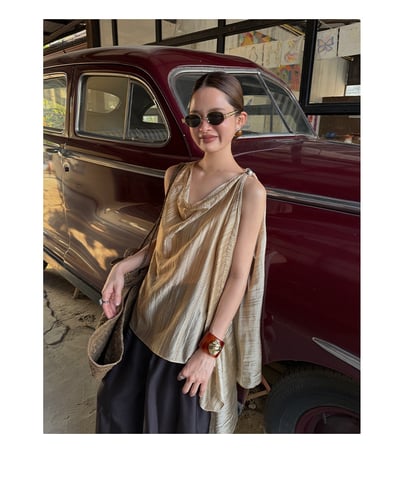 褶皺寬鬆蕩領無袖吊帶1