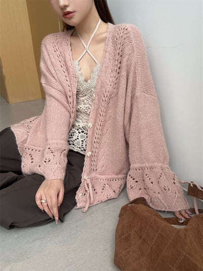 重工手工鉤花鏤空抽繩V領毛衣12