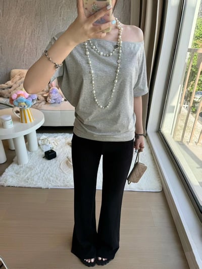 基本款斜肩輕薄露肩短袖棉質T卹22