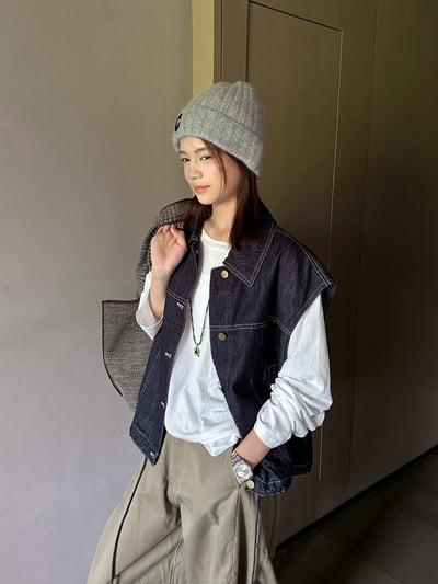 翻領拼格牛仔馬甲下擺繫帶10