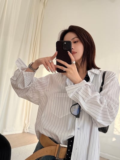 春季清爽豎條紋翻領襯衫寬鬆休閒上衣3