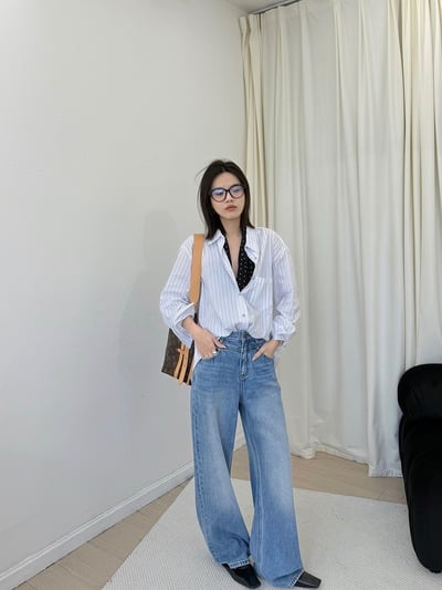 春季清爽豎條紋翻領襯衫寬鬆休閒上衣9