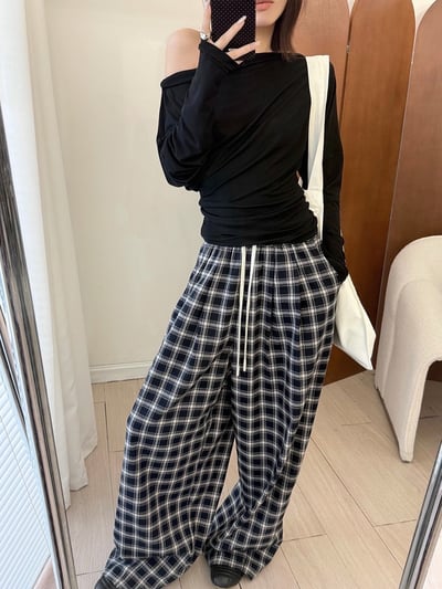 春季慵懶鬆弛感撞擊色格紋褲顯瘦休閒長褲8