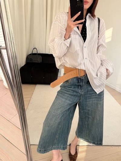 春季清爽豎條紋翻領襯衫寬鬆休閒上衣13