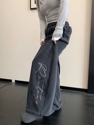 冬季美式復古加絨闊腿褲4