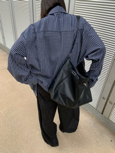 復古藏青色格紋襯衫寬鬆長袖8