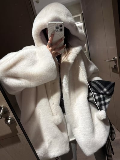 仿貂毛厚款毛球連帽皮毛大衣5