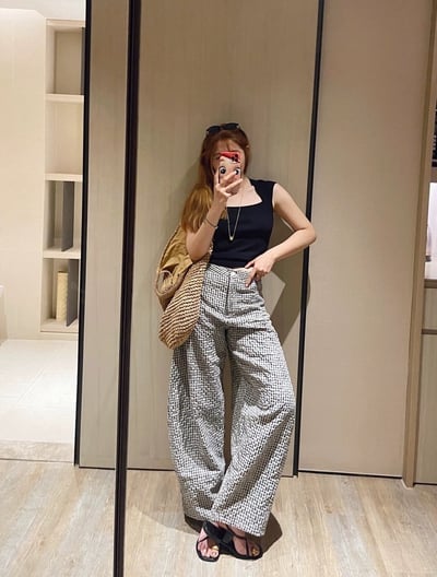 亞麻弧形闊腿格紋休閒褲輕薄透氣輪廓長褲8