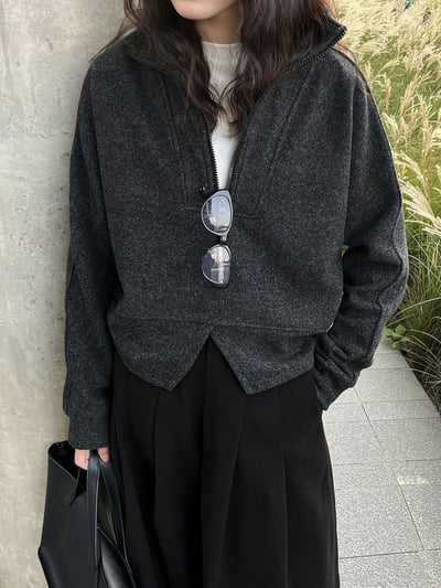 設計感半拉鍊下擺開叉上衣2