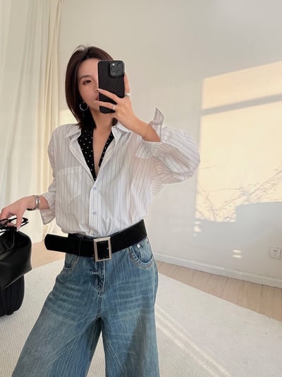 春季清爽豎條紋翻領襯衫寬鬆休閒上衣4