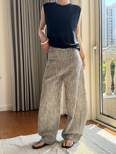 亞麻弧形闊腿格紋休閒褲輕薄透氣輪廓長褲10