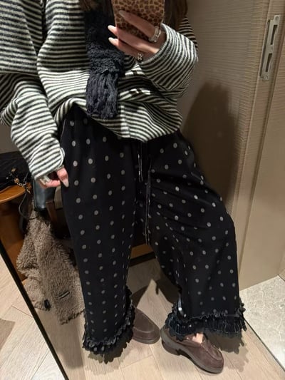 鬆緊腰加絨花邊波點九分褲2