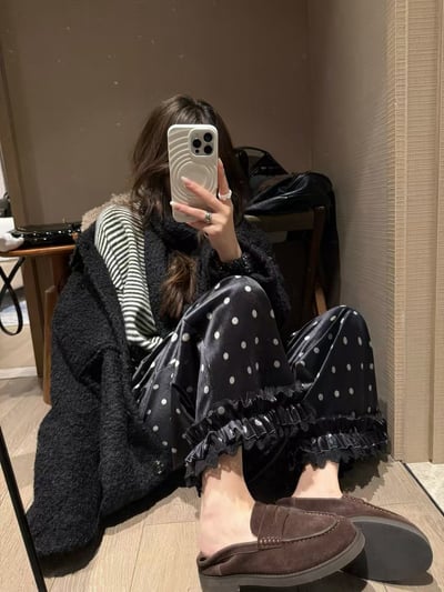 鬆緊腰加絨花邊波點九分褲6