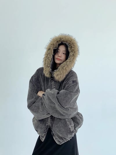 燈芯絨美式復古外套 (毛領可拆）1