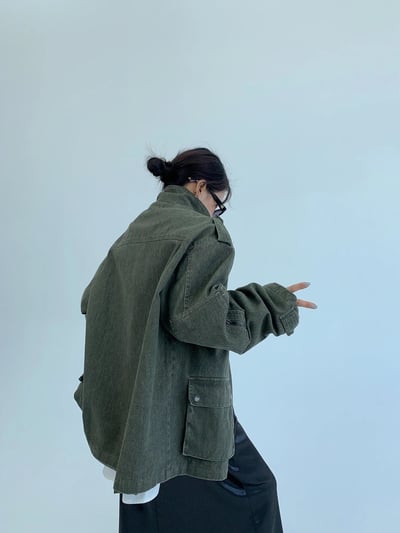 美式重工寬松多口袋立領夾克5