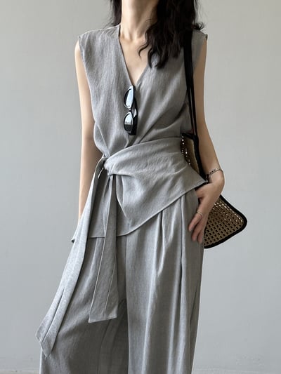 V領亞麻綁帶收腰無袖長褲套裝8
