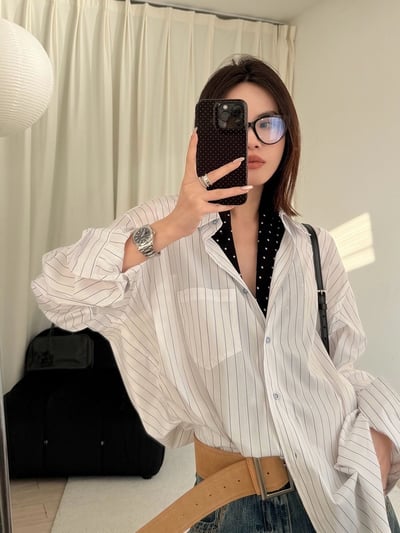 春季清爽豎條紋翻領襯衫寬鬆休閒上衣1