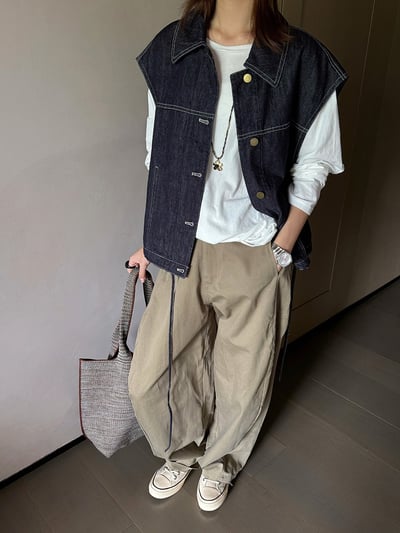 翻領拼格牛仔馬甲下擺繫帶9