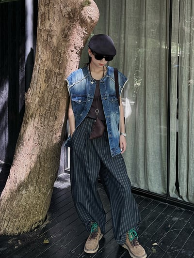 復古毛邊牛仔馬甲美式水洗2