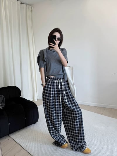春季慵懶鬆弛感撞擊色格紋褲顯瘦休閒長褲6