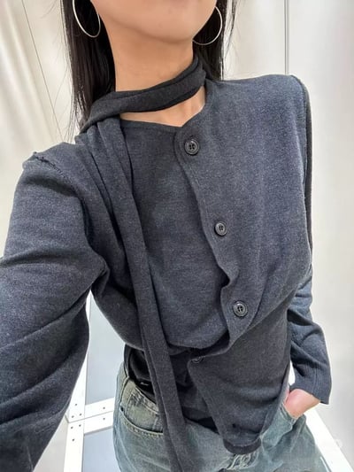 羊毛不規則紐扣領巾褶針織2