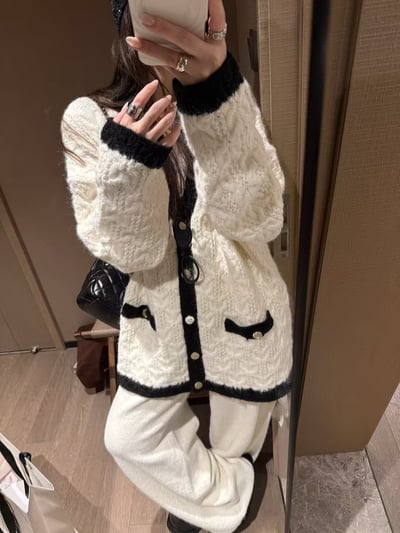 小香風拼色麻花大开衫長褲套裝2