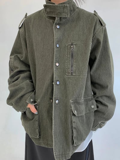 美式重工寬松多口袋立領夾克2