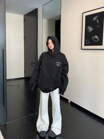 加絨慵懶簡單印花長袖帽Ｔ3