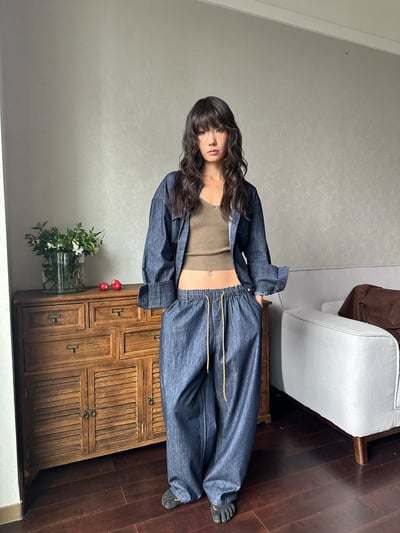 原牛可收腰落肩廓形長褲套裝6