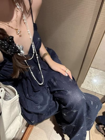 燙鑽不規則吊帶背心亞麻長褲1