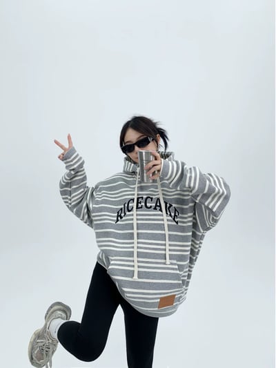 條紋刺繡加絨帽Ｔ3