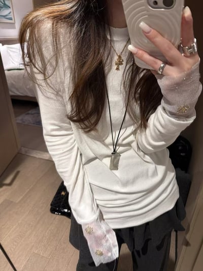 網紗長袖上衣釘珠立體拼接10