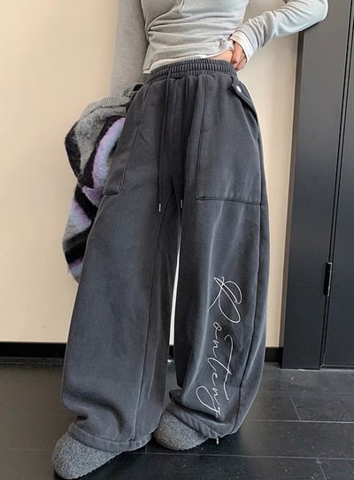 冬季美式復古加絨闊腿褲5