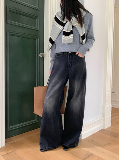 美式復古雪花水洗黑闊腿牛仔褲7