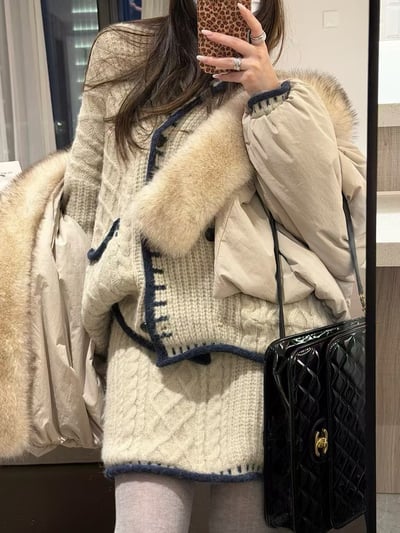 v領拼色針織小翻領絞花套裝7