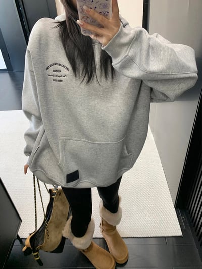 加絨慵懶簡單印花長袖帽Ｔ1