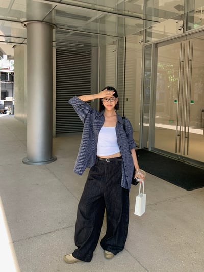 復古藏青色格紋襯衫寬鬆長袖6