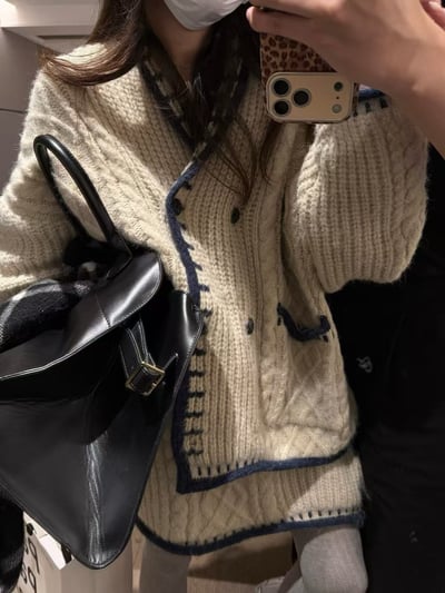 v領拼色針織小翻領絞花套裝6