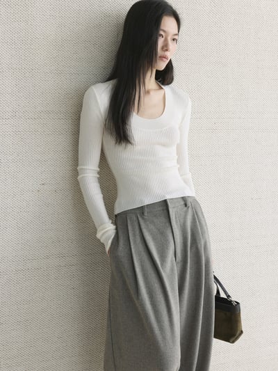 U領修身針舒適長袖上衣3