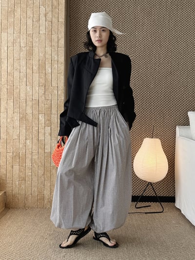 格紋氣球褲紐扣束腳長褲4